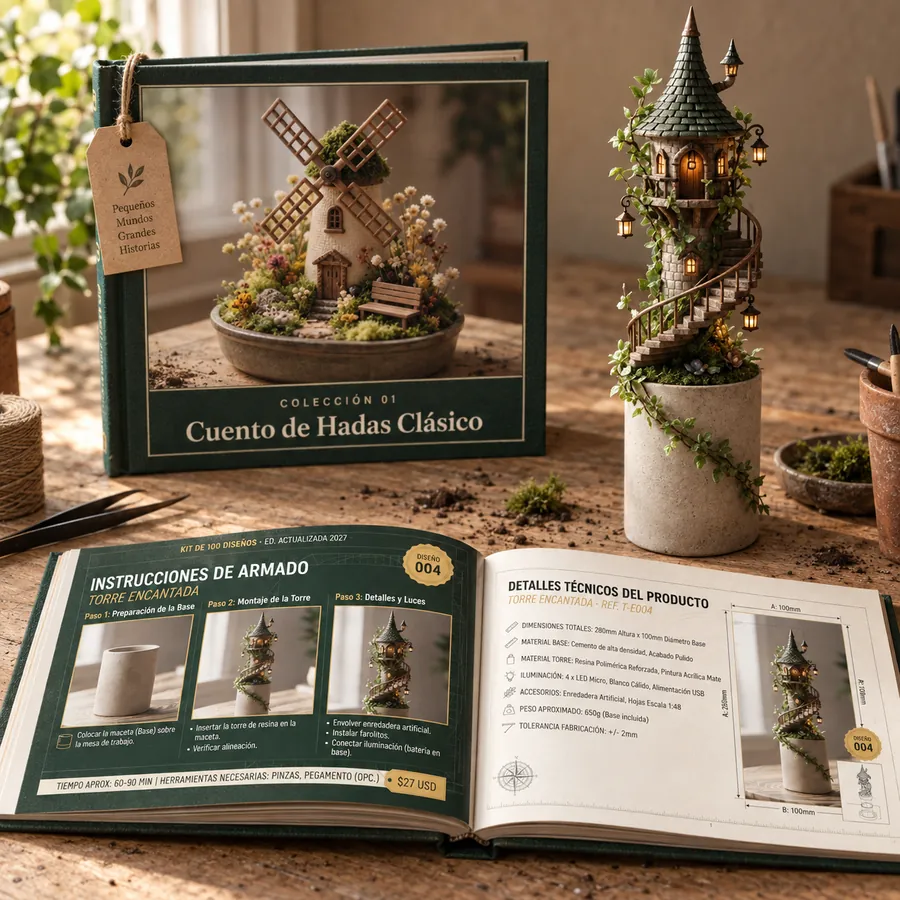 Colección 01: Cuento de Hadas Clásico. Libro abierto con las fichas reales y un jardín armado