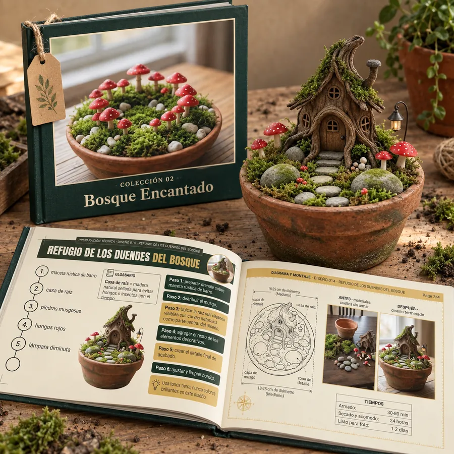 Colección 02: Bosque Encantado. Libro abierto con las fichas reales y un jardín armado