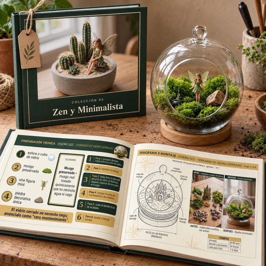 Colección 03: Zen y Minimalista. Libro abierto con las fichas reales y un jardín armado