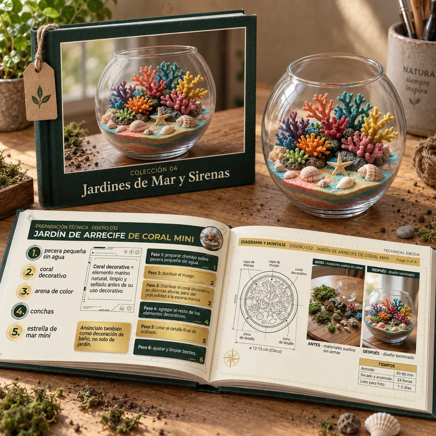 Colección 04: Jardines de Mar y Sirenas. Libro abierto con las fichas reales y un jardín armado