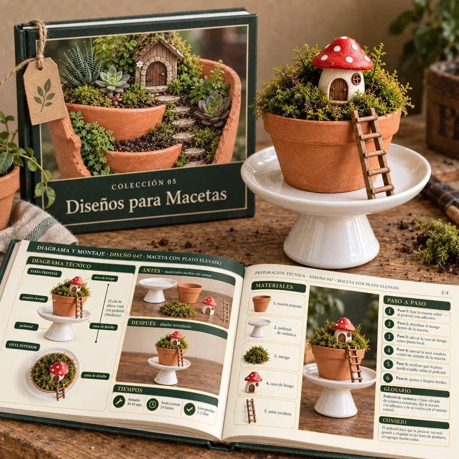 Colección 05: Diseños para Macetas. Libro abierto con las fichas reales y un jardín armado