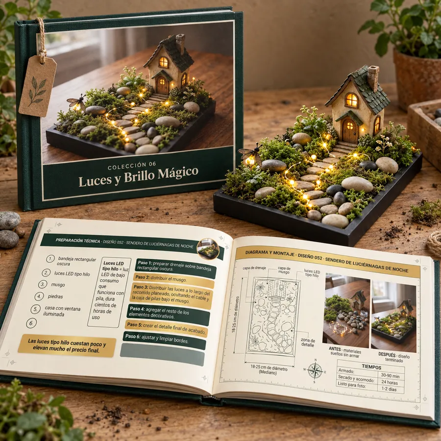 Colección 06: Luces y Brillo Mágico. Libro abierto con las fichas reales y un jardín armado