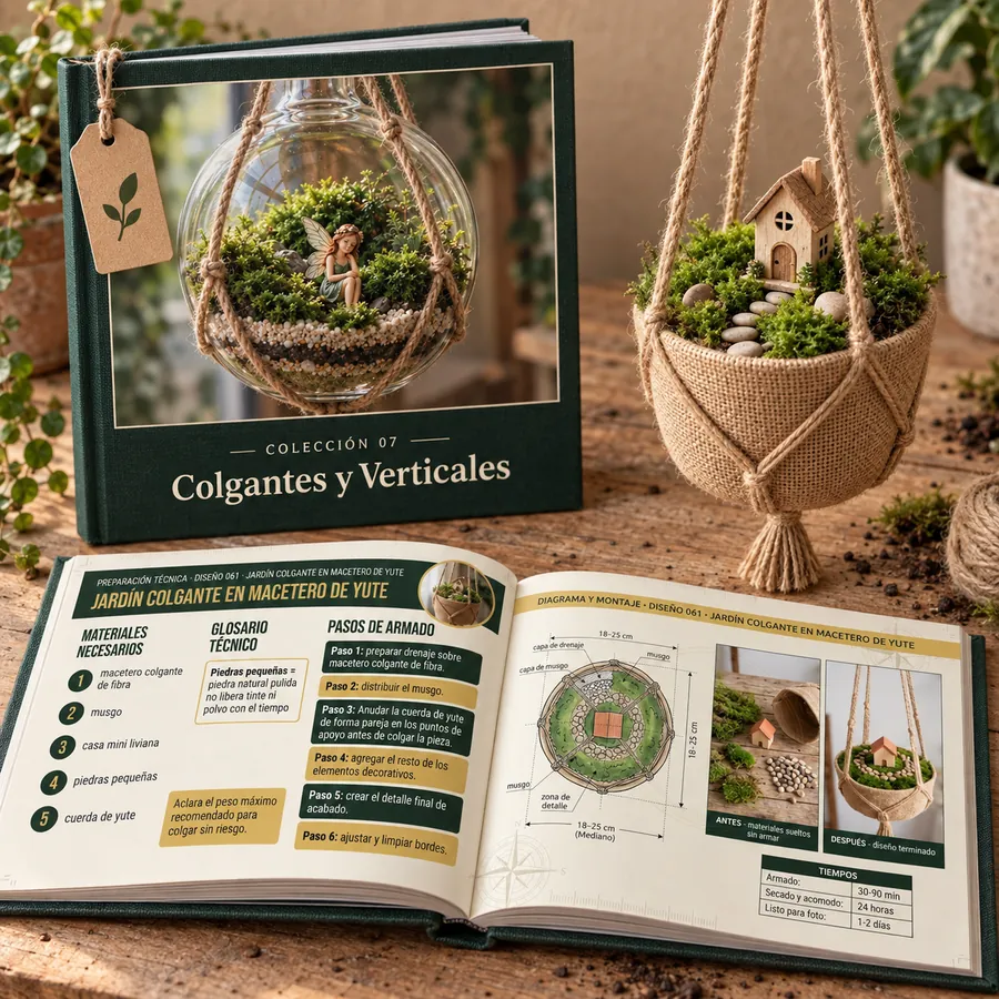 Colección 07: Colgantes y Verticales. Libro abierto con las fichas reales y un jardín armado