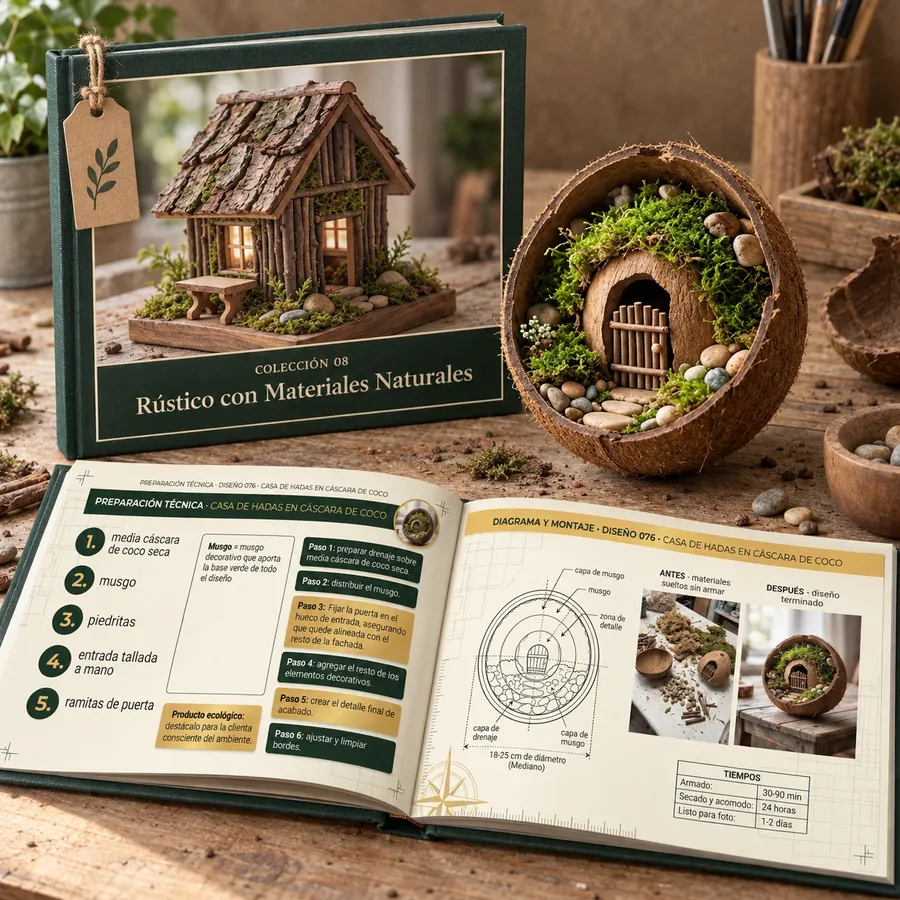 Colección 08: Rústico con Materiales Naturales. Libro abierto con las fichas reales y un jardín armado