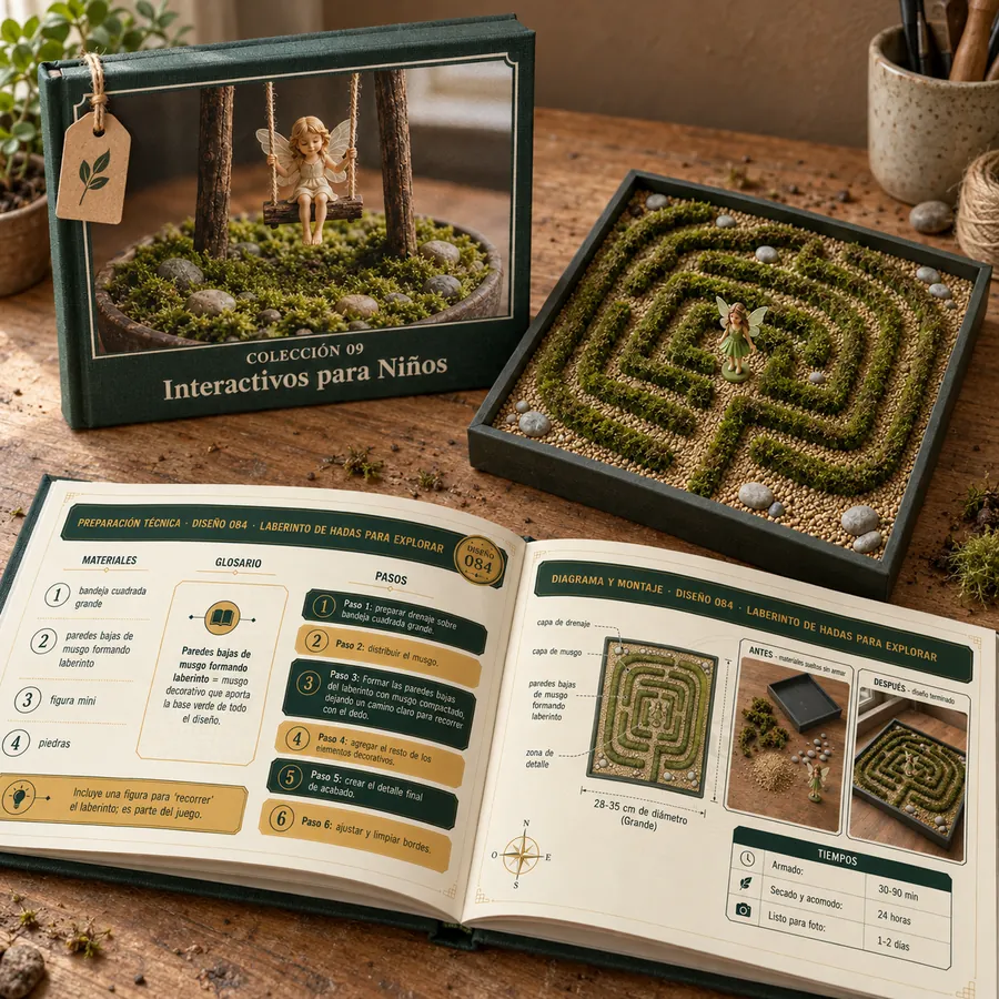 Colección 09: Interactivos para Niños. Libro abierto con las fichas reales y un jardín armado