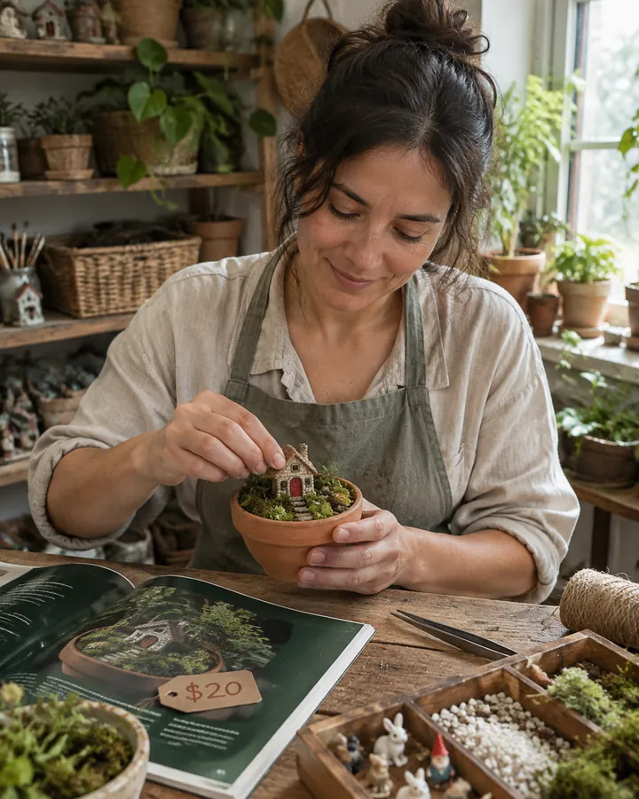 Artesana en su taller colocando una casita en un jardín de hadas en miniatura, con el catálogo abierto al lado mostrando la ficha y su precio