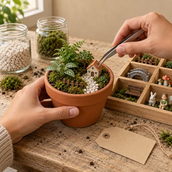 Manos colocando con pinzas una casita en miniatura sobre la mesa del taller