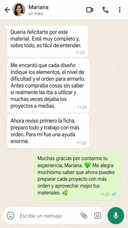Captura de WhatsApp de una clienta